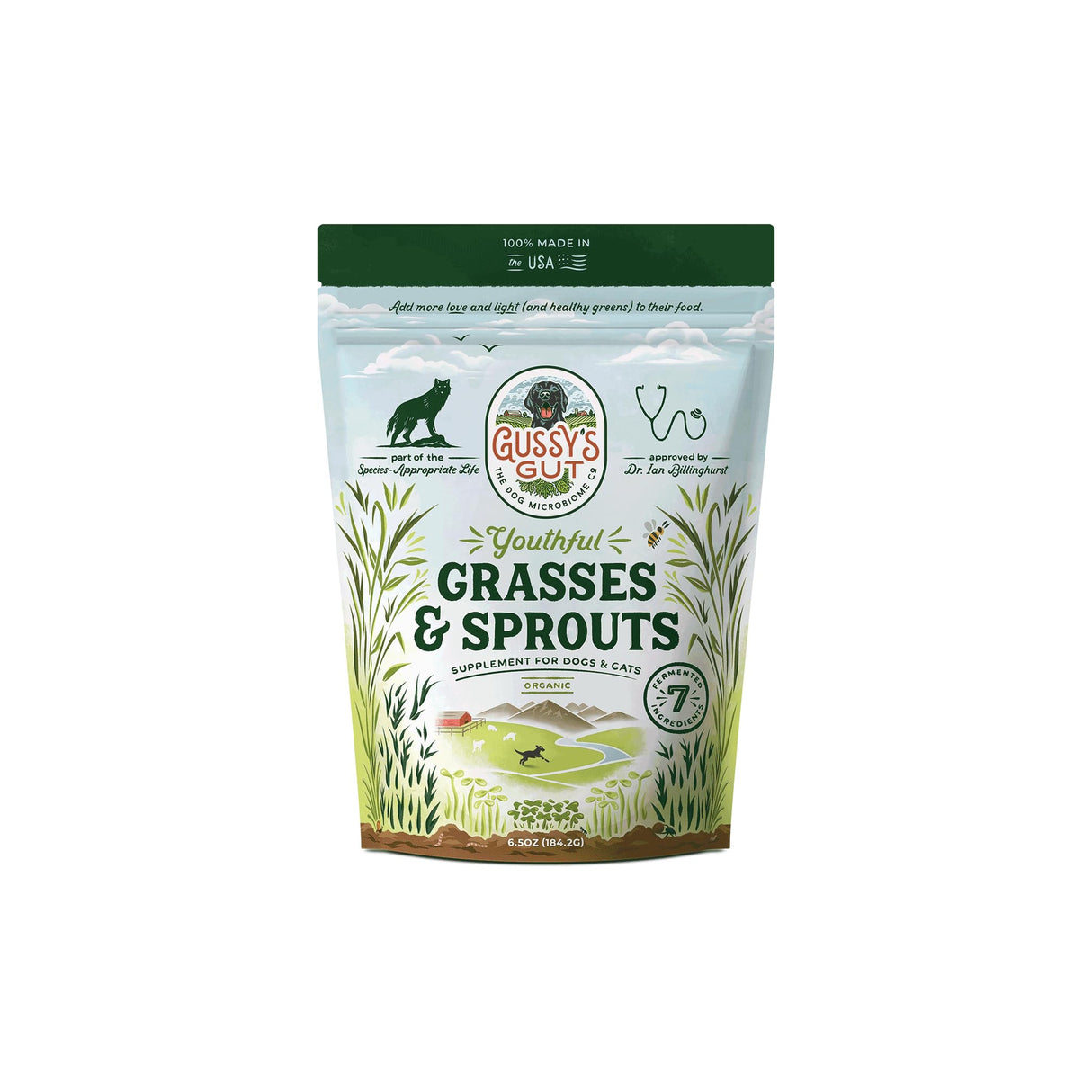 Gussy's Gut Youthful Grasses & Sprouts Dog Gut & Digestive Health Supplement- Human Grade Fermented Ingredients- Super Greens, Pre/Post & Probiotic All in One - Maintain Protocol