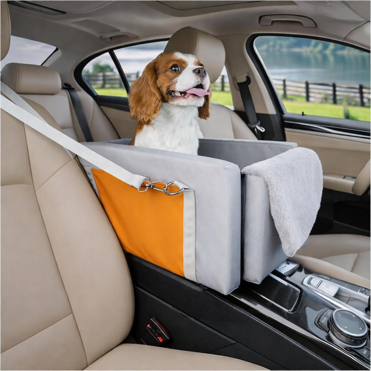 Avont Center Console Dog Car Seat with Double Protection Seat Belts, Armrest Middle Console Booster Travel Carrier for Small Dogs Cats with Storage Pockets, Well-cushioned, Anti-anxiety -Light Grey