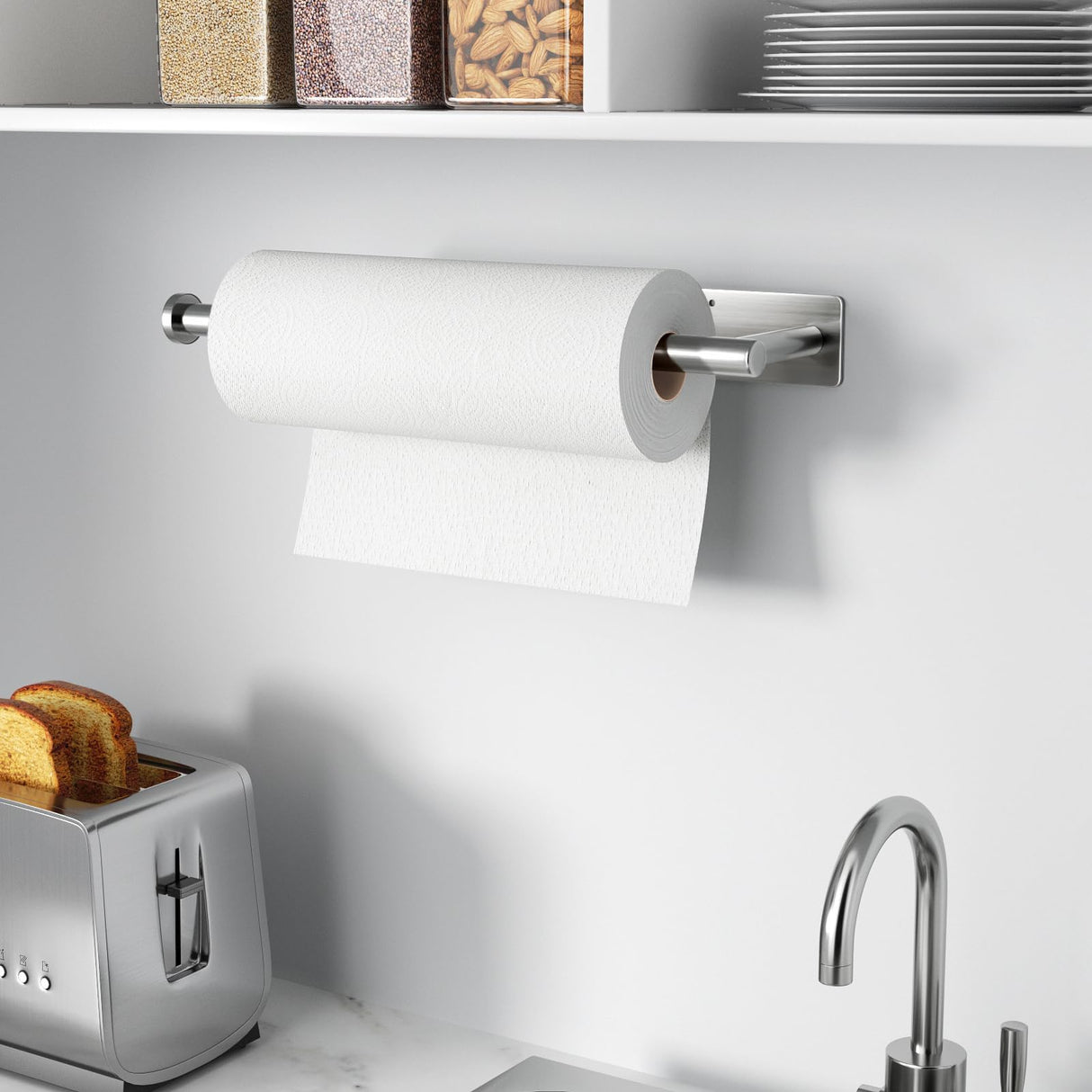 Paper Towel Holder - Self-Adhesive or Drilling, Brushed Nickel, Wall Mounted, SUS304 Stainless Steel Kitchen Roll Dispenser Under Cabinet