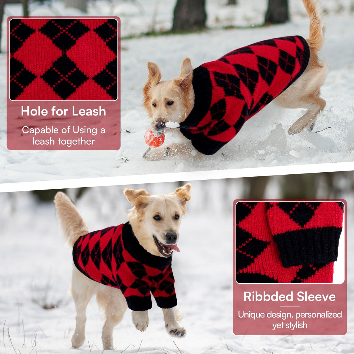 Queenmore Medium Dog Sweater, Dog Sweaters for Medium Dogs Girls Boys, Christmas Clothes for Doggie, Warm Cozy Knit Pullover with Plaid Pattern, Soft Pet Winter Jacket (Red,M)
