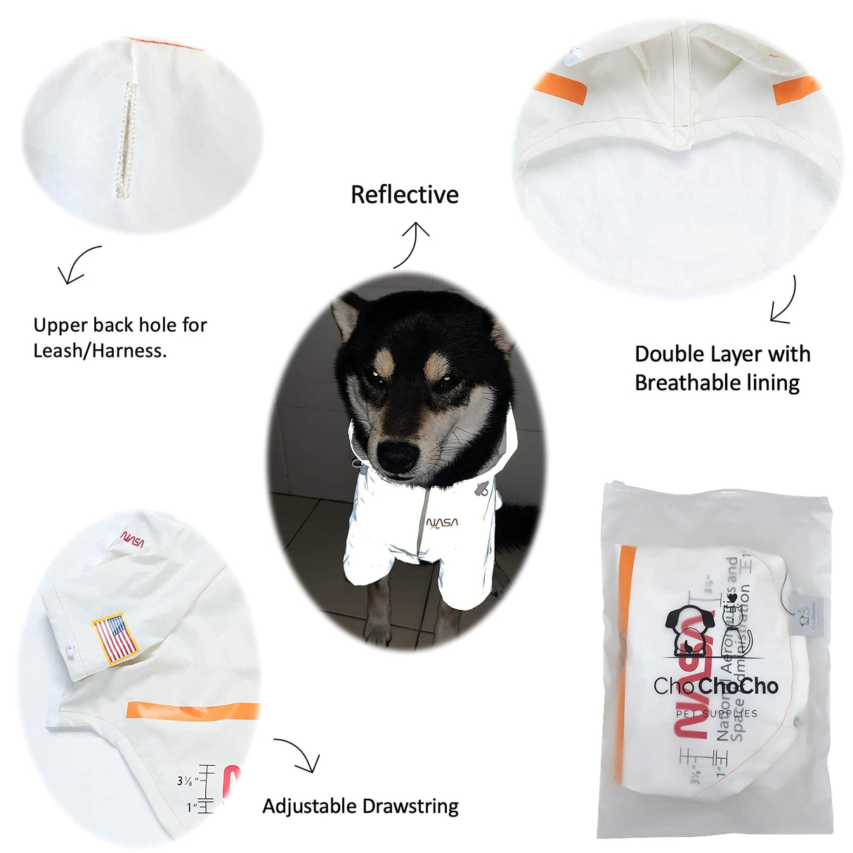 ChoChoCho NASA Raincoats, Reflective Rain Jacket Water Proof, Dog Costume, Cat & Puppy Stylish Streetwear Outfit (White, 2XL)