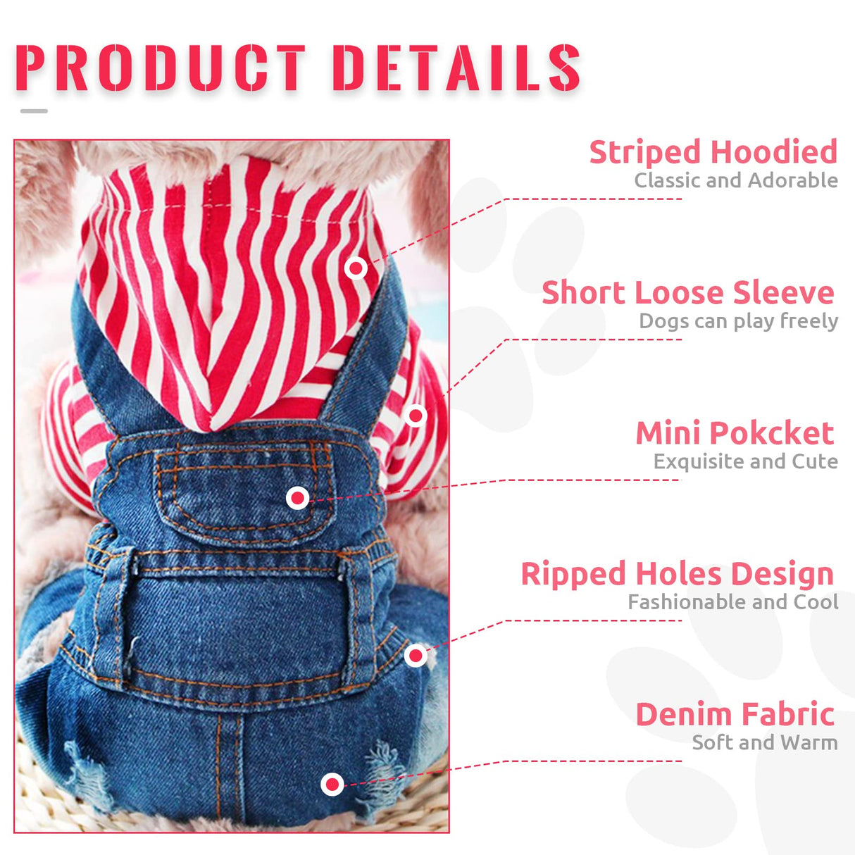 DOGGYZSTYLE Small Dog Hoodie Clothes Cute Stripe Shirts Denim Jumpsuit One-Piece Outfit for Small Medium Dogs Cats Boy Girl Chihuahua Blue Jeans Overalls Puppy Costume (Red,XL)