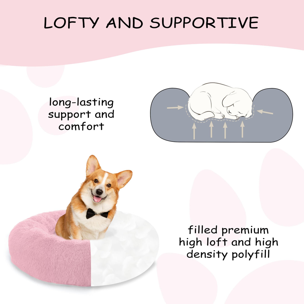 Bunlitent 23'' inch Calming Dog Bed, Anti-Anxiety Donut Small Dog Bed, Warming Cozy Soft Cute Round Washable, Marshmallow Cuddler Nest Puppy Dogs and Cats Bed, Pink