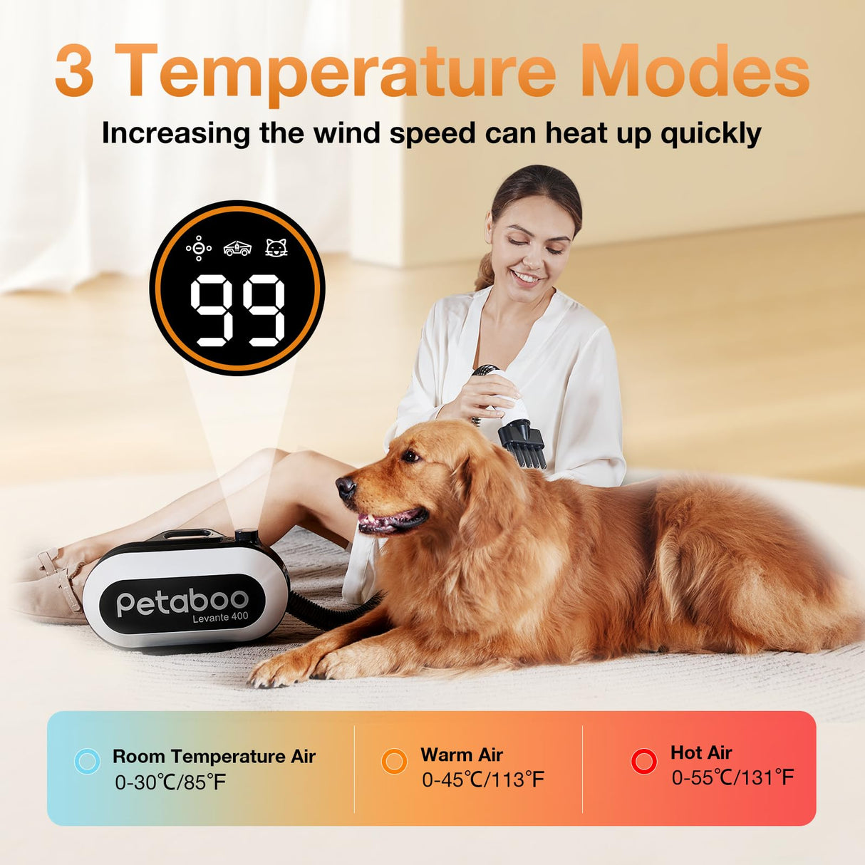 petaboo Dog Dryer - Ultra-Quiet 40dB Cat Mode, Portable & All-in-One Storage, 3-in-1 Nozzles & Adjustable Speed/Temp, Negative Ion Technology, BLDC Motor, Force Dryer for Dogs & Cats