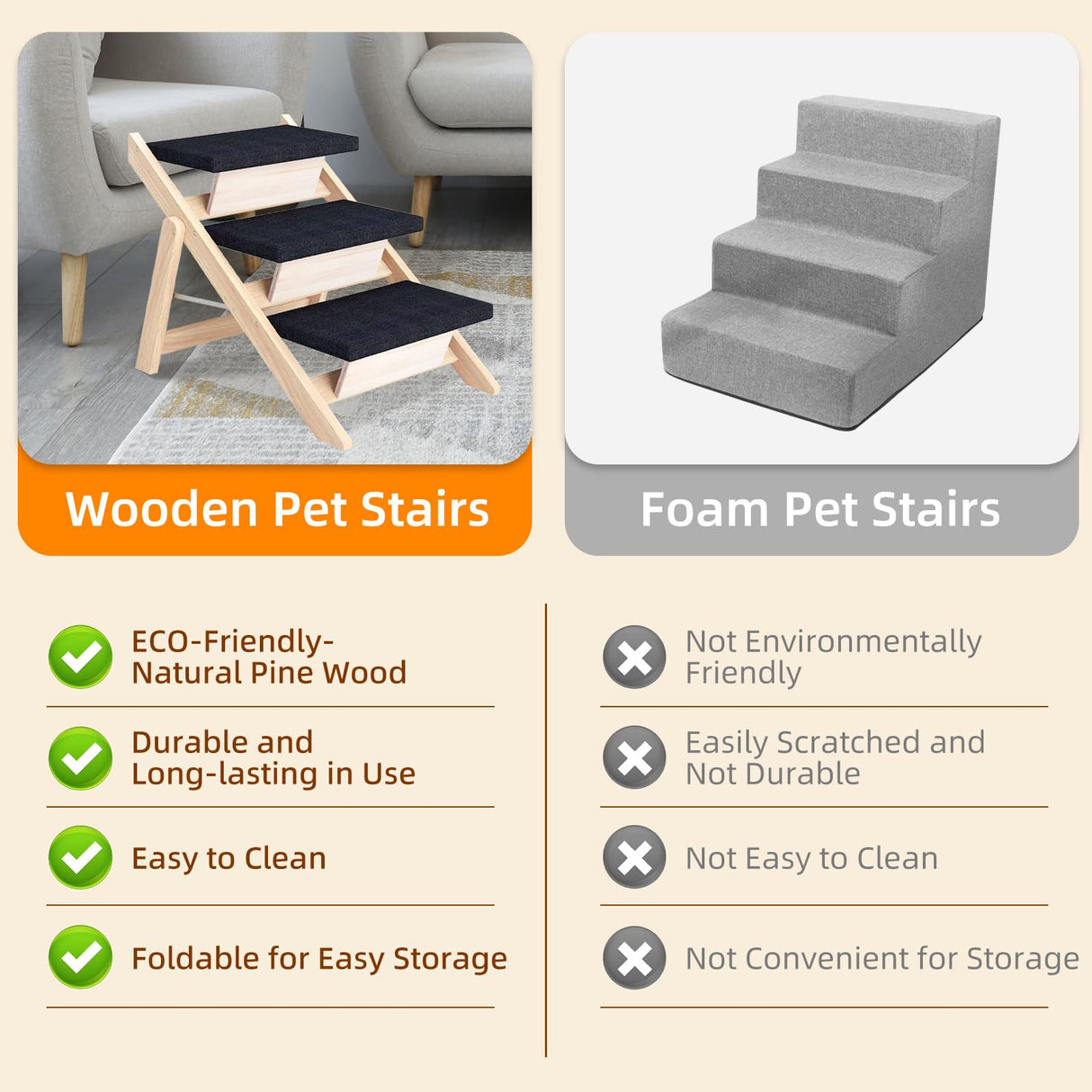 Dog Stairs/Ramp for Bed, Wooden 2-in-1 Foldable Pet Stairs & Ramp, Portable Dog Ladder Up to 180 Pound for Elderly/Short-Legged Dogs, 3 Steps for Beds, Couch, Cars