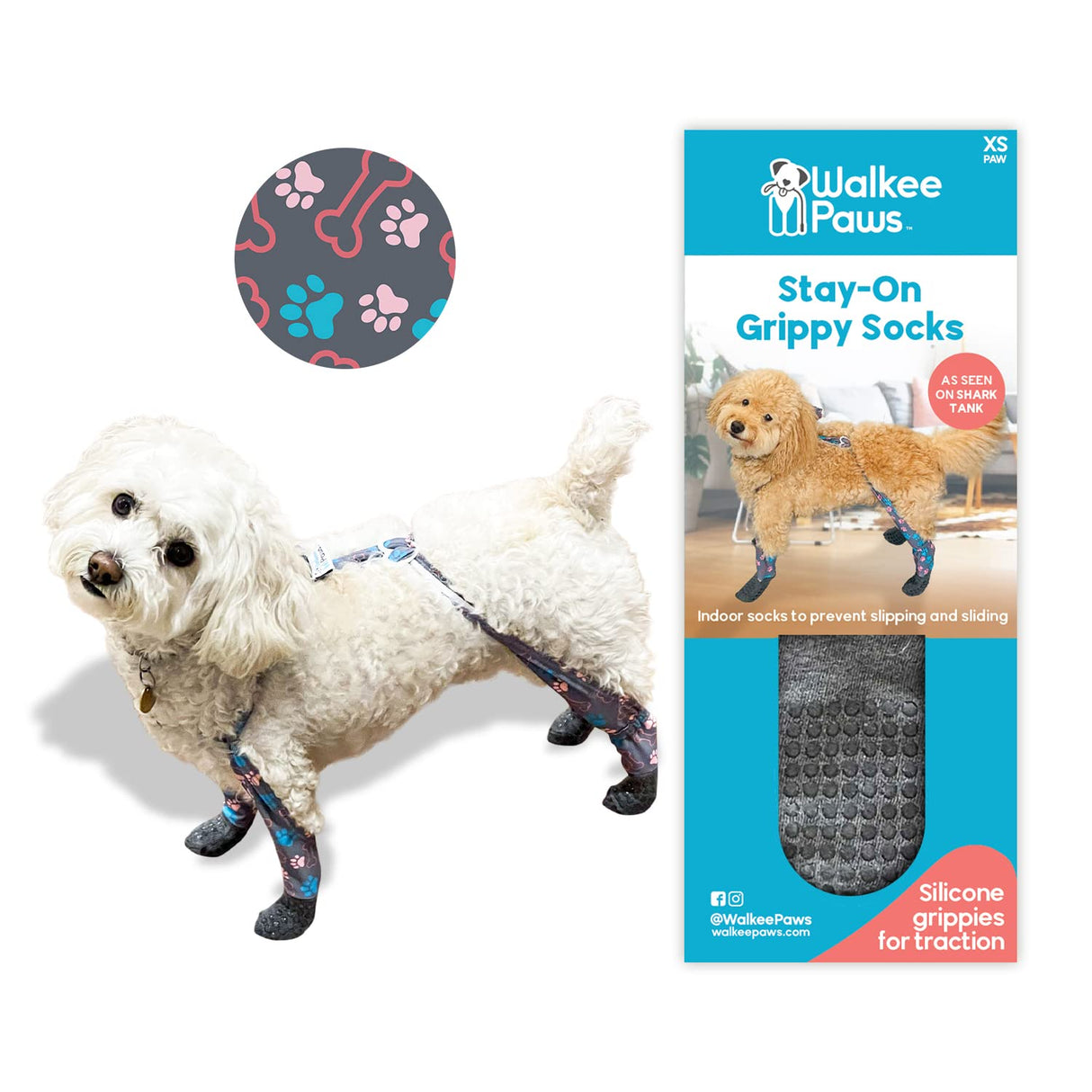WALKEE PAWS Stay-on, Non-Slip Dog Socks to Prevent Licking Paws and Slipping on Hardwood Floors. Seen on Shark Tank, Never Lose a Dog Sock Again (X-Small) Grippy Socks with All Around Grip