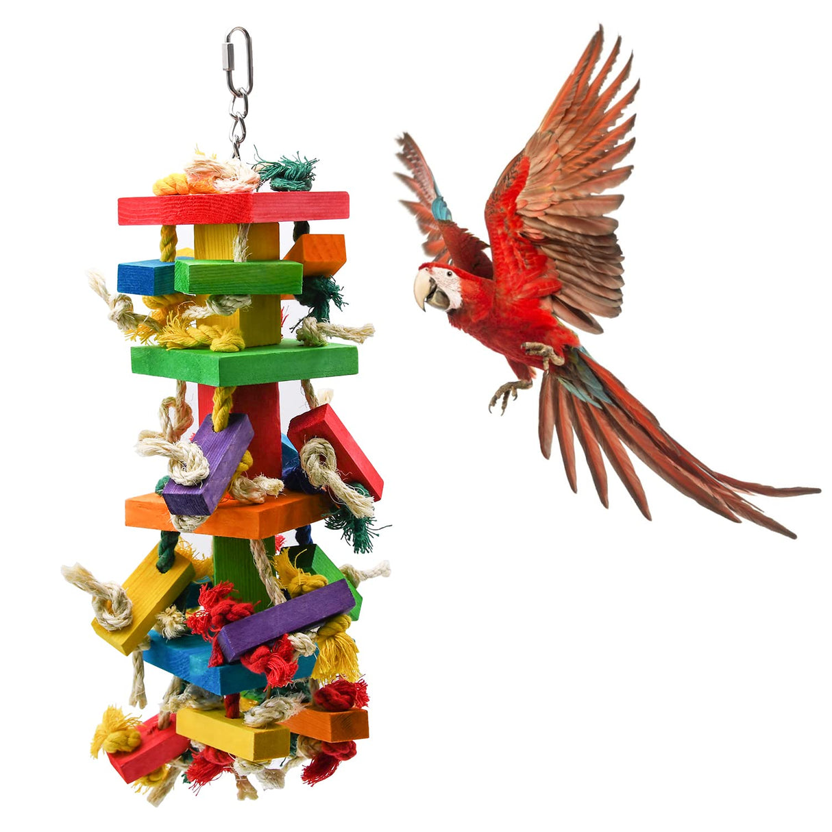 RUBY.Q Large Parrot Toy, 20in Bird Parrot Toy, Multicolored Natural Wooden Bird Chewing Toys for Large Macaws, African Grey and a Variety of Amazon Parrots