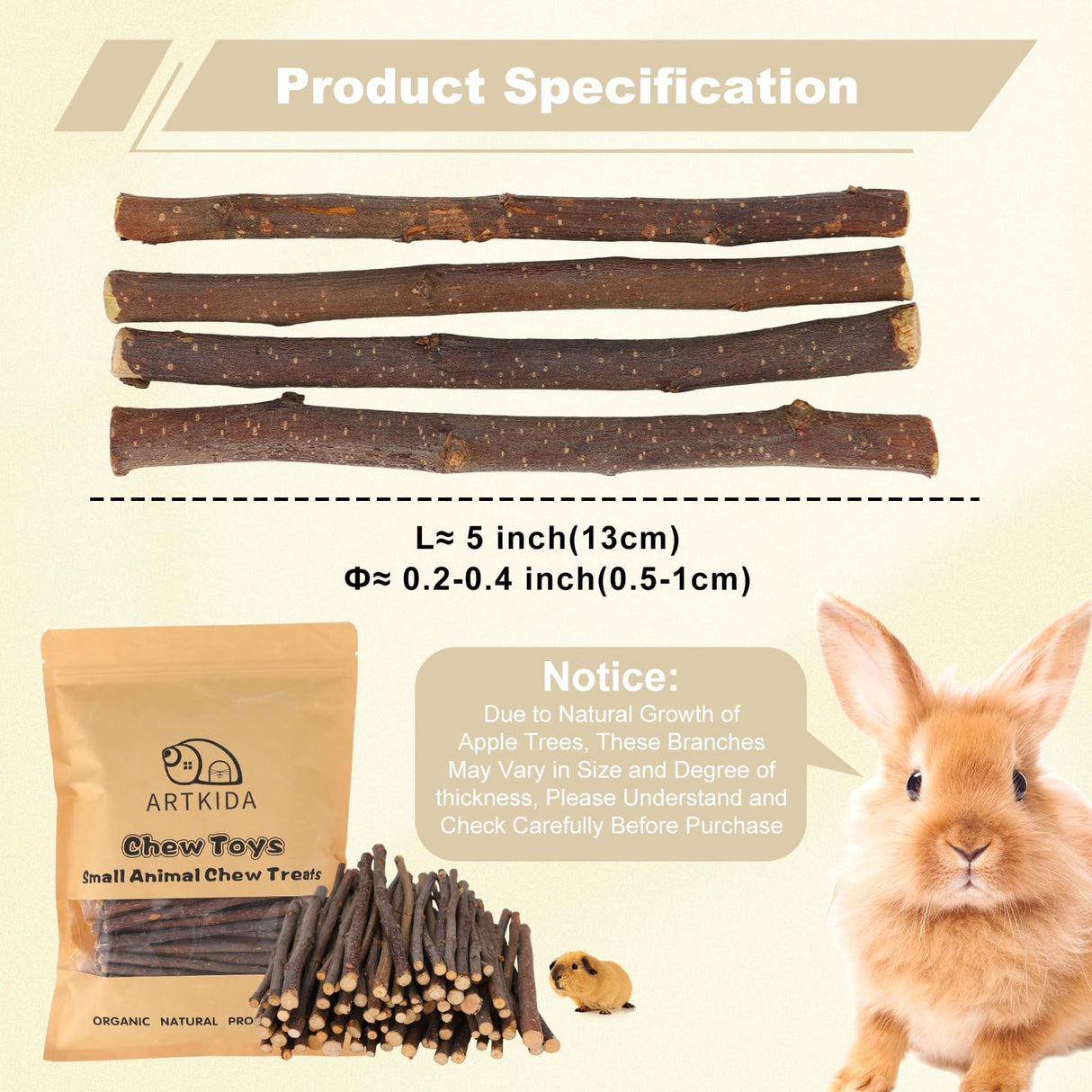 ARTKIDA 900g Apple Sticks Wood Chew Sticks Toys for Rabbits Chinchillas Guinea Pigs Hamsters Bunny Molar Chew Treats Toys for Teeth, Small Animals Snacks