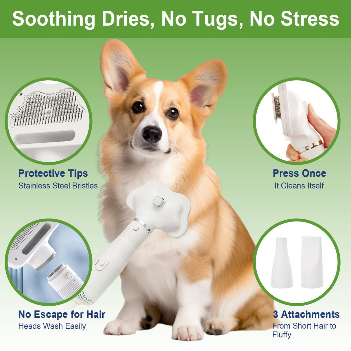 Professional Pet Grooming Dryer Brush – 3-in-1 Dog Blow Dryer with Slicker Brush, Adjustable Temp, Overheat Safe, Salon Quality