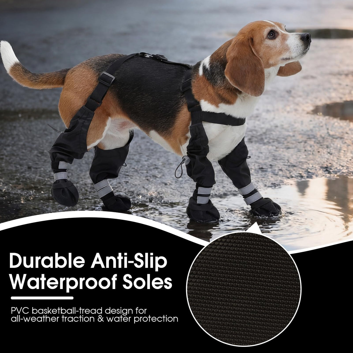 Pezluxe Dog Suspender Boots, Waterproof Anti-Slip Dog Rain Boots with Adjustable Strap for Small Medium Large Dogs, Reflective Paw Protector Pet Shoes for Outdoor Walking, Rain Snow Hiking, Black, L
