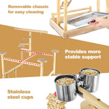 LIMIO Bird Playground - Natural Wood Parrot Playstand with Perches, Bird Play Gym & Accessories, Removable Tray & 4 Stainless Steel Cups