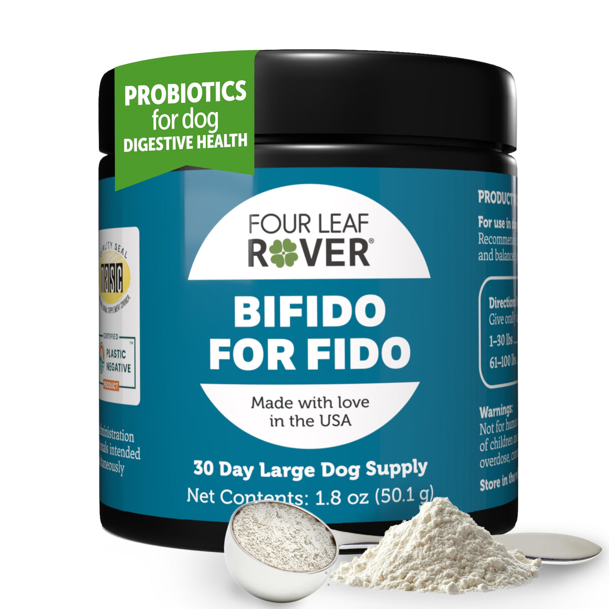 Four Leaf Rover Bifido for Fido - Dog Probiotics for Digestive Health and Gut Health and Immune Balance - 50 Billion CFU - Veterinarian Formulated - 30 Day Large Dog Supply