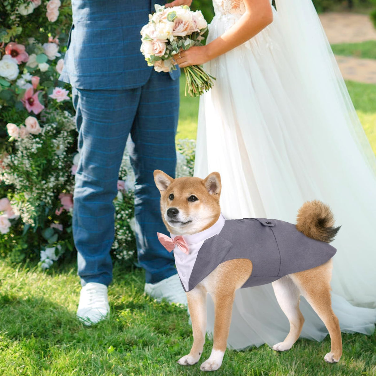 DORA BRIDAL Dog Tuxedo for Medium Dogs, Dog Suit and Bowtie, Formal Dogs Wedding Outfit, Pet Tuxedo and Bandana Set Valentines Birthday Costumes for French Bulldog, Pomeranian, Dachshund, Grey, M