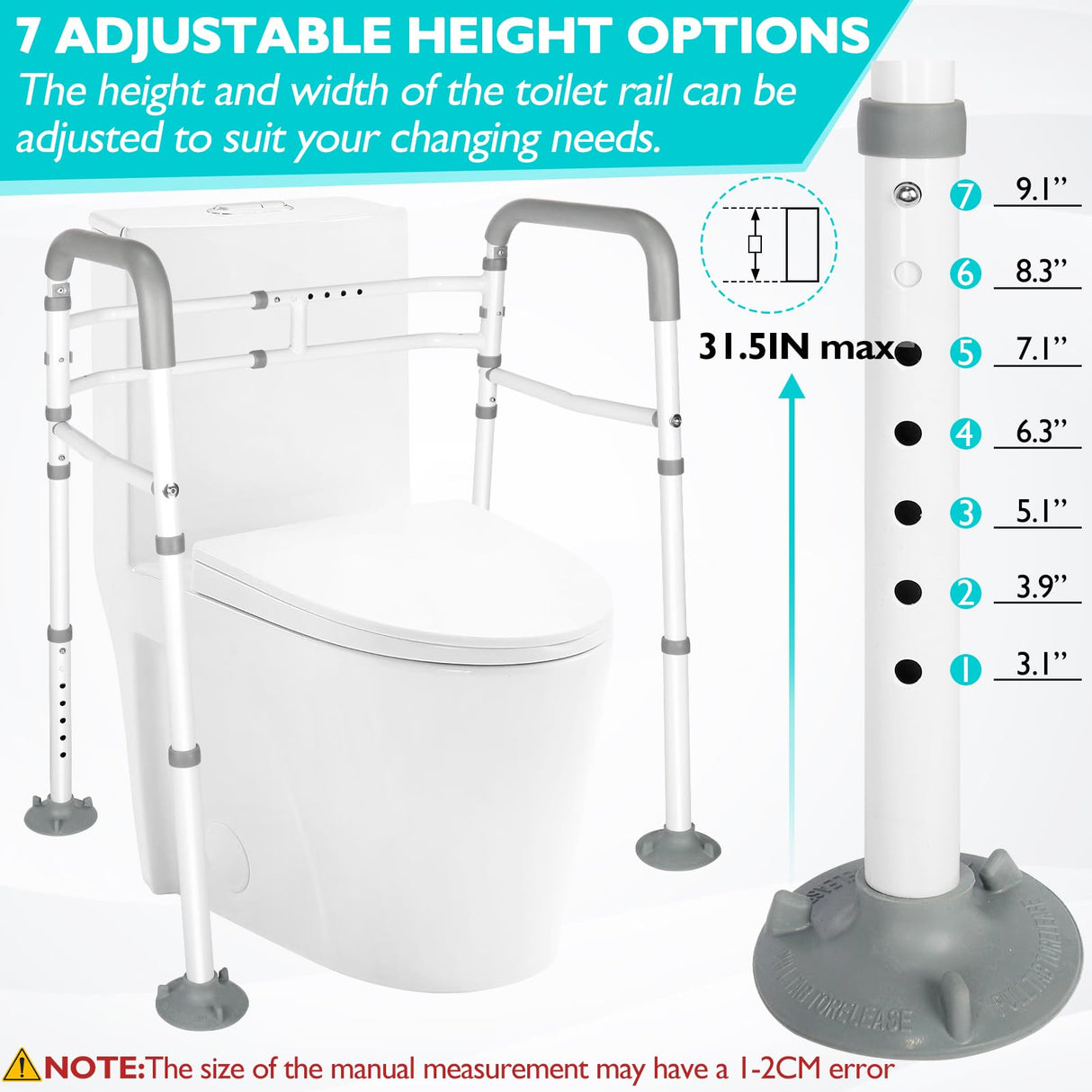Toilet Safety Frame- 300lbs Adjustable Safety Grab Bar, Toilet Frame with Handle and Suction Cups Toilet Safety Guard for Elderly (White Grey)