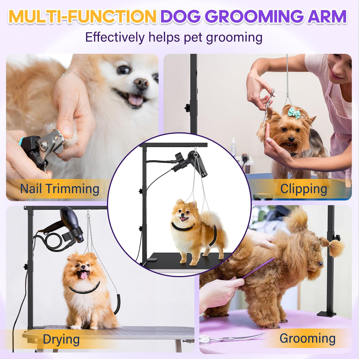 Dog Grooming Arm with Metal Clamp, Dog Grooming Table Arm & Hair Dryer Stand Hands Free Blower Hose Holder 2 in 1, Adjustable Grooming Arms for Tables with Loops for Groomers for Small Medium Pets