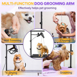 Dog Grooming Arm with Metal Clamp, Dog Grooming Table Arm & Hair Dryer Stand Hands Free Blower Hose Holder 2 in 1, Adjustable Grooming Arms for Tables with Loops for Groomers for Small Medium Pets