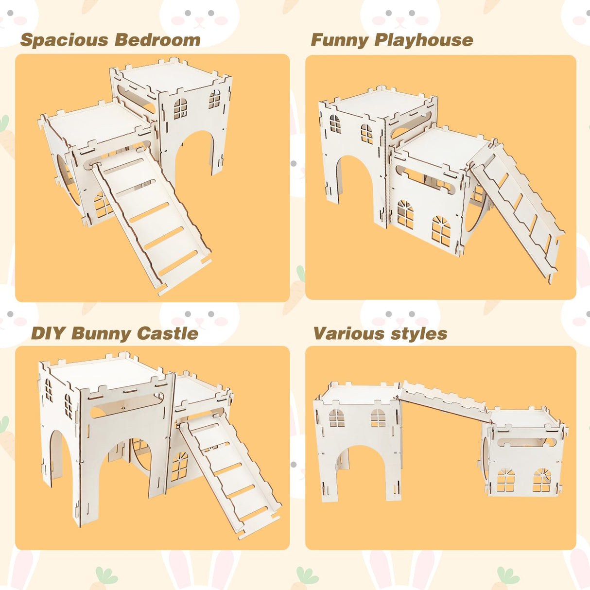 Rypet Large Wooden Rabbit Castle Bunny House, Sturdy Wood Bunny Castle with Stair, Detachable Rabbit Hideaway Breathable Small Animal Indoor Playhouse for Rabbits Hamster Guinea Pig Chinchilla Ferret
