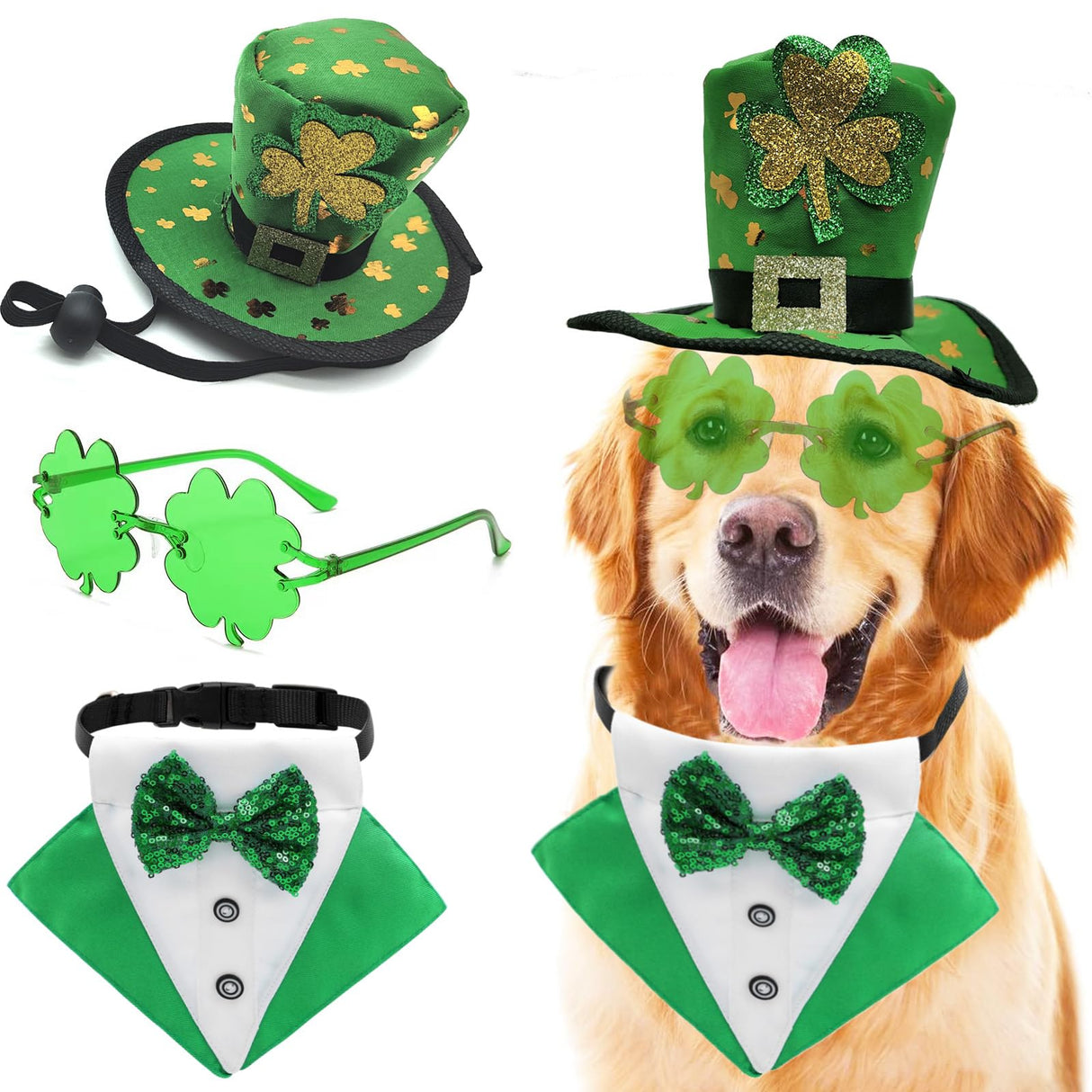 3PCS St. Patrick's Day Pet Costume Dog Top Hat Irish Tuxedo Bandana Green Collar Scarf Shamrock Sunglasses Kit Leprechaun Outfits for Medium Large Dogs Irish Party Lucky Dress Up Accessories