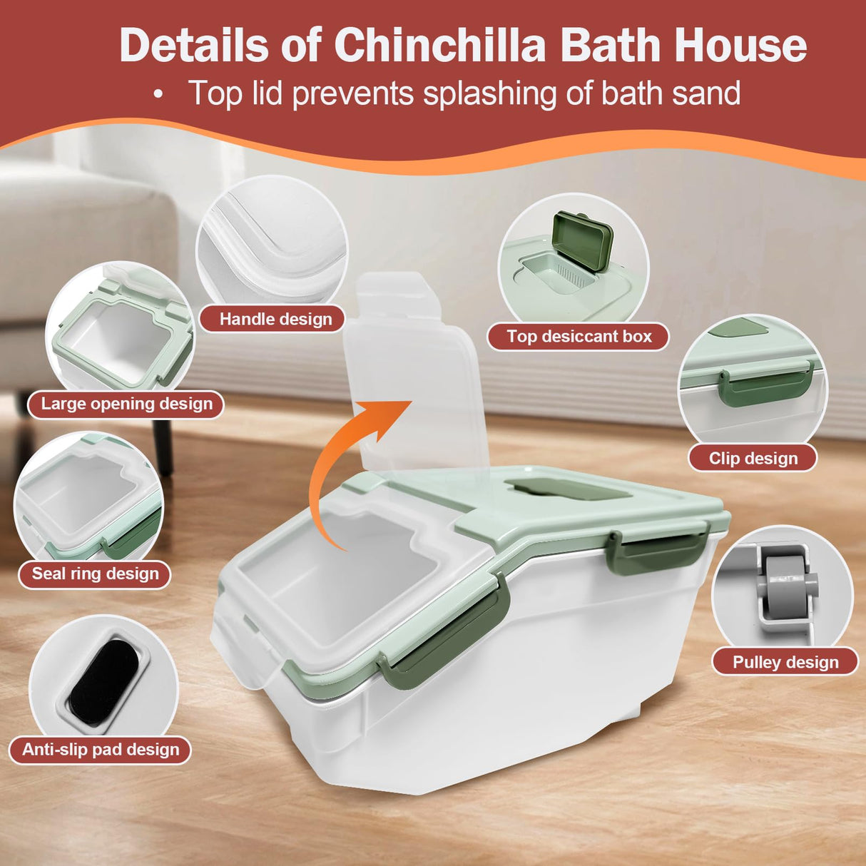 Arfubye Large Chinchilla Sand Bath Container Kit Plastic Chinchillas Dust Bath House with Sand Cup and Sand Shovel Hamster Shower Room for Hedgehog Guinea Pig Squirrel and Other Small Animals(Green)