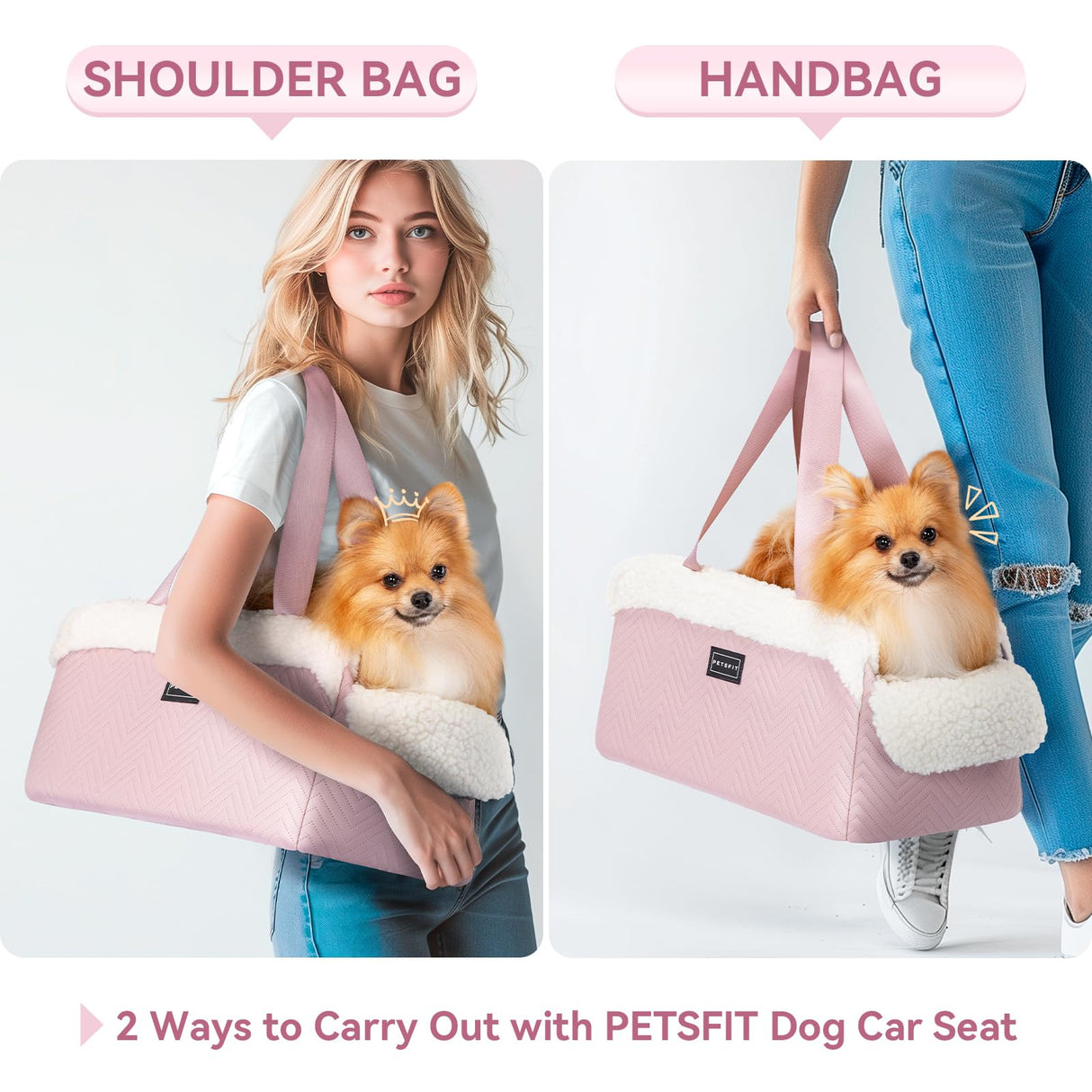 PETSFIT Cat Car Seat, Portable Console Dog Car Seat with Safe Protective Hooks, Luxury Pet Car Seat Includes Safety Leash and Storage Pocket for Pets Up to 9 lbs (Pink)