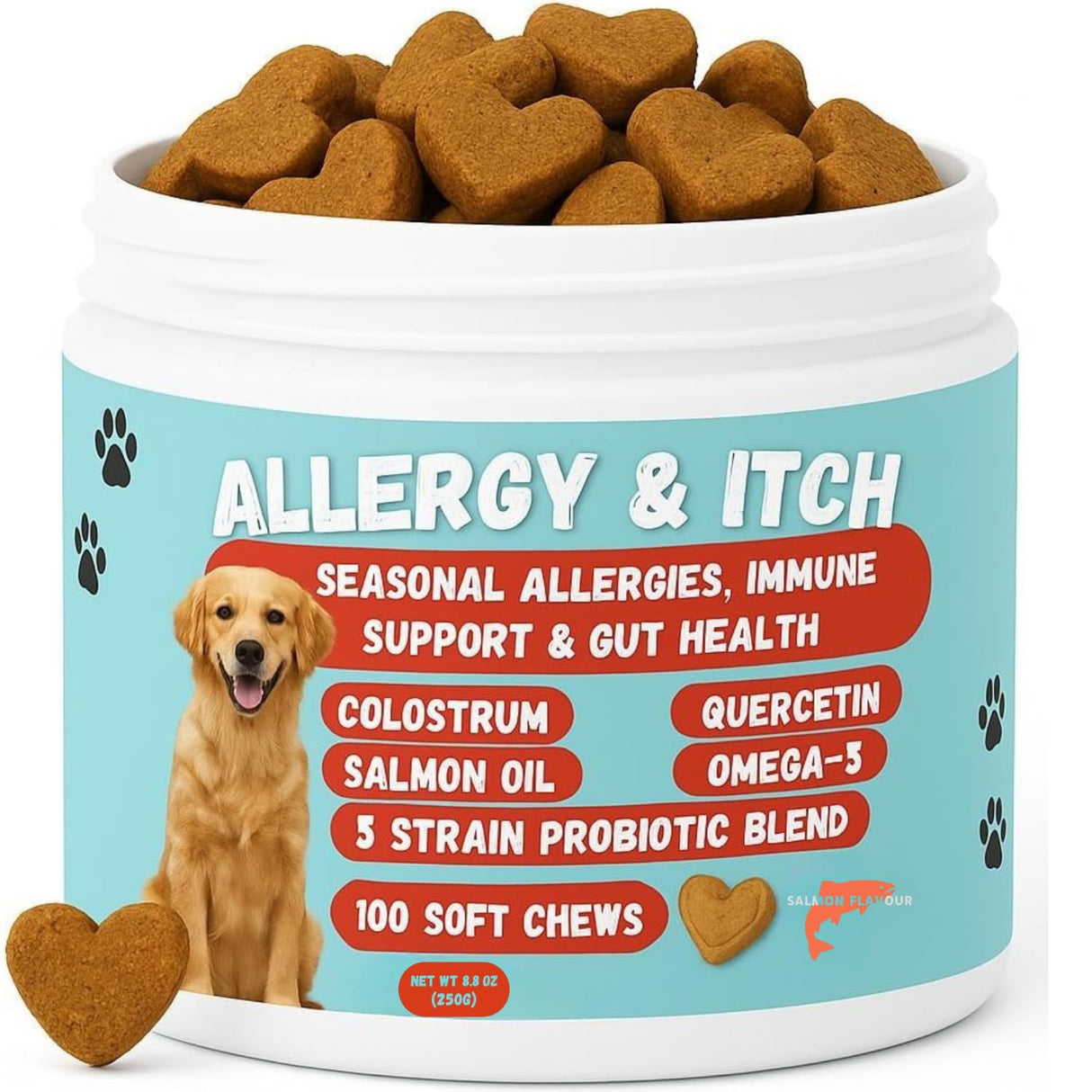 Dog Allergy Relief Chews – Anti-Itch Skin & Coat with Probiotics, Omega 3 & Colostrum – Itchy Skin, Paw Licking & Seasonal Allergies Support – Salmon Flavor – 100 Soft Chews