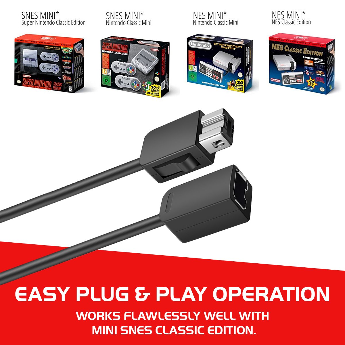 NES Classic Controller Extension Cable 3M / 10ft (2-Pack), SNES Extension Power Cord Compatibility Nintendo SNES Classic Edition Controller (2017) and Mini NES Classic Edition (2016), Wii, Wii U