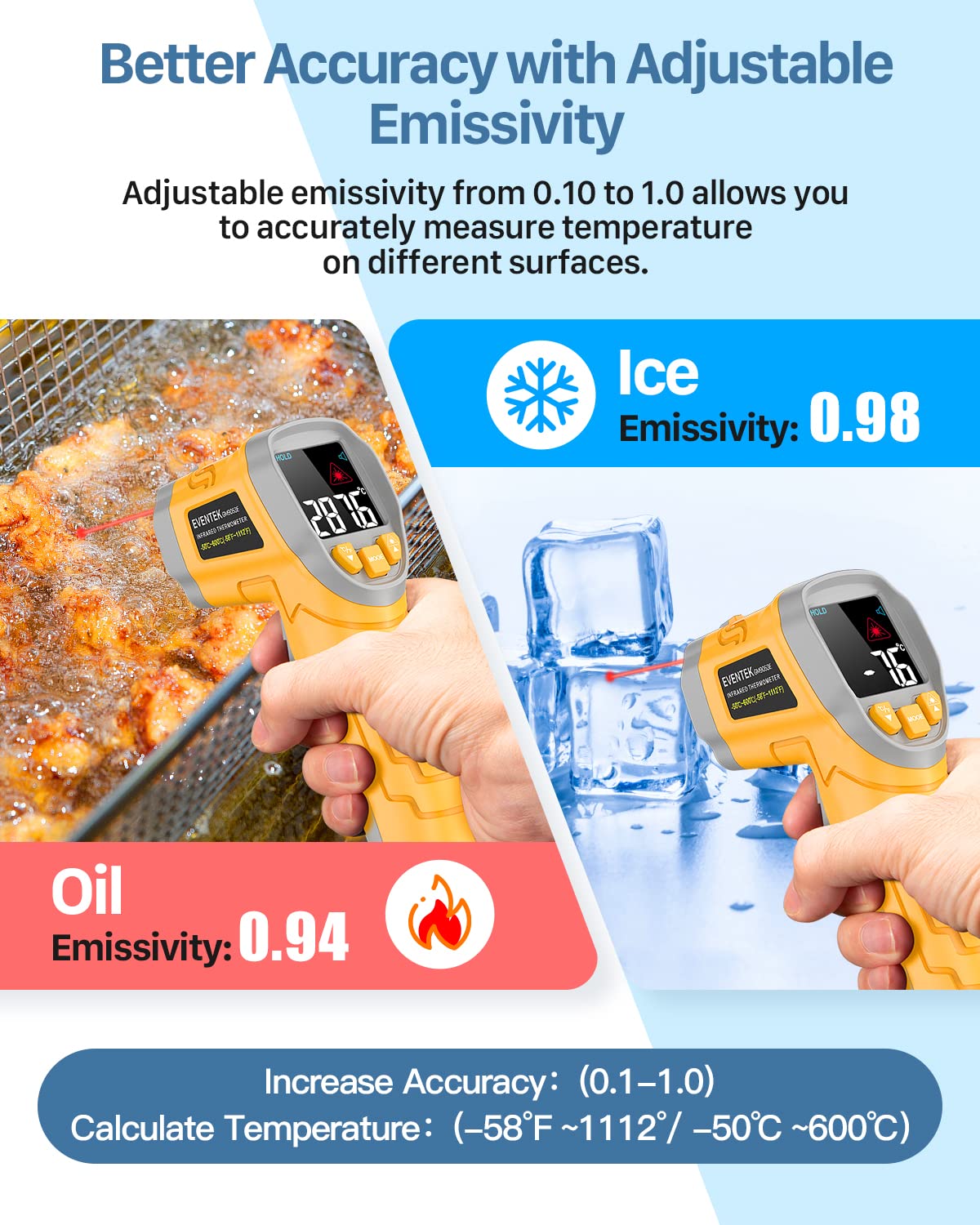 Eventek Digital Infrared Thermometer, -58℉～1112℉(-50℃～600℃) Non-Contact Laser Temperature Gun with Color Display & Adjustable Emissivity for Cooking/BBQ/Food/Fridge/Pizza Oven/Engine (Not for Human)