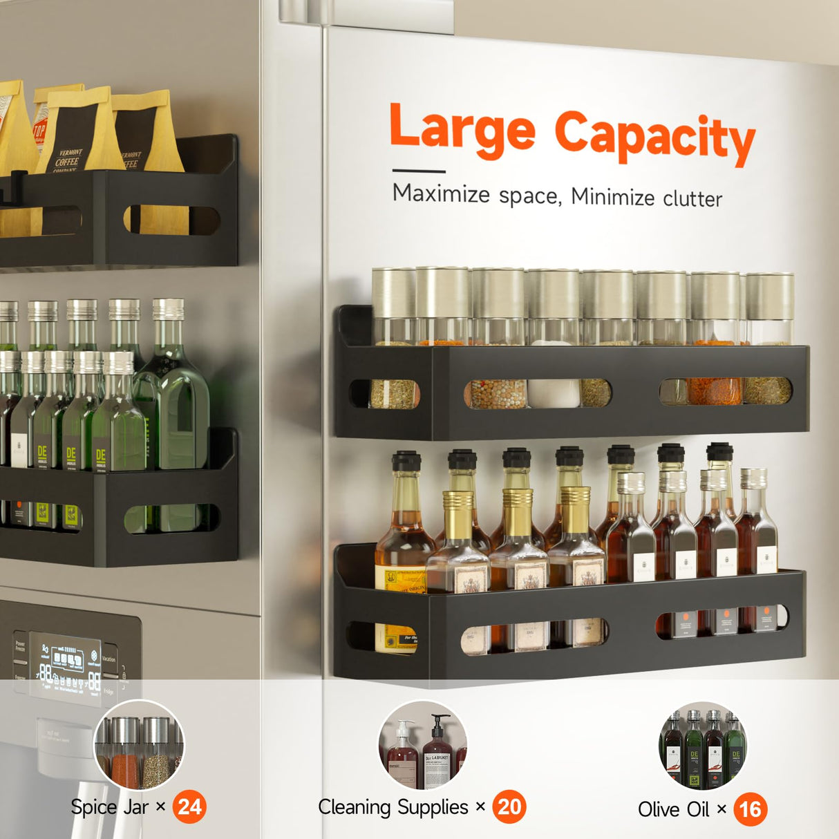 4 Pack Strong Magnetic Spice Rack for Refrigerator, Multipurpose Magnetic Shelf for Fridge with 4 Hooks for Kitchen and Bathroom Organization, Black