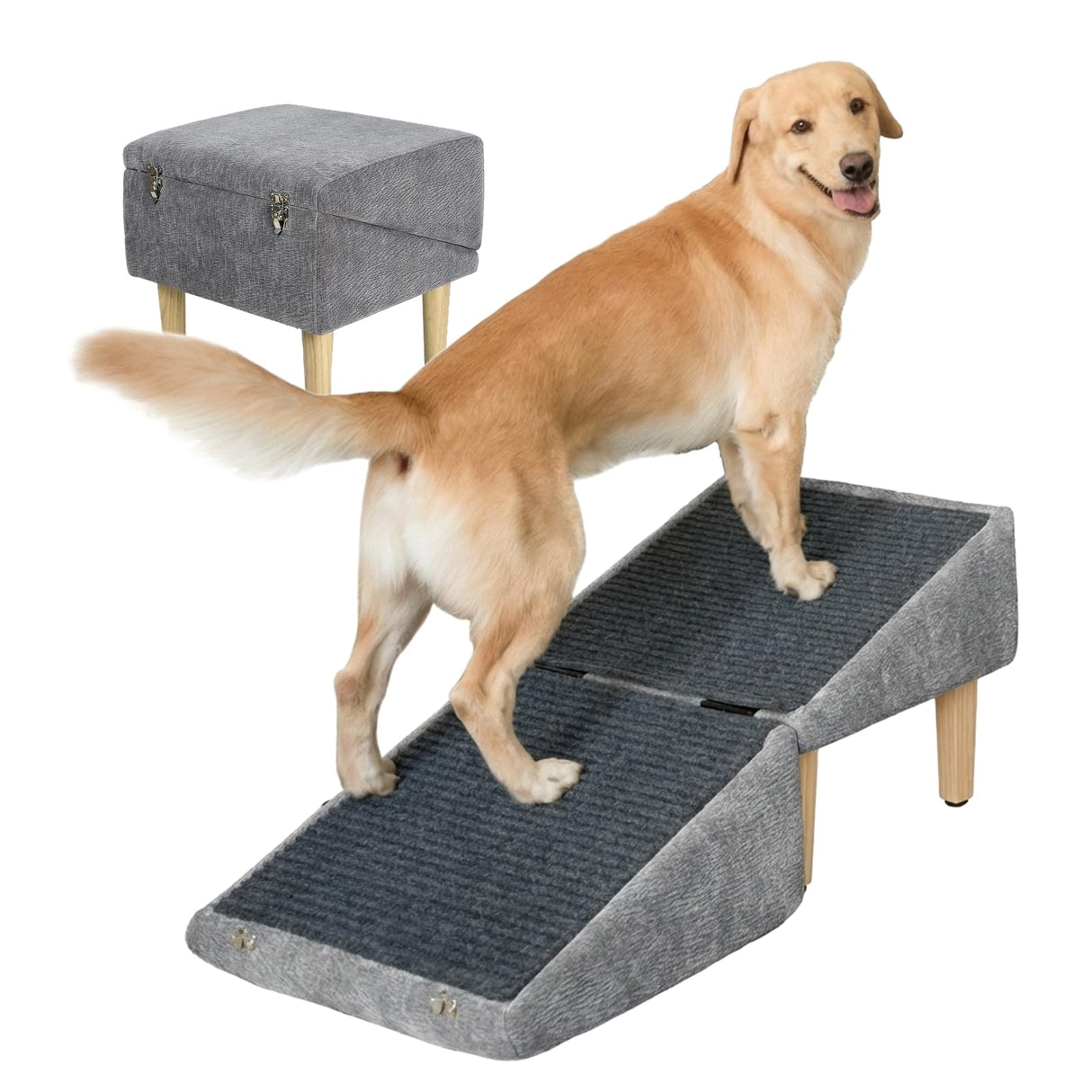 3-in-1 Dog Ramp 18.9"×17.7"×18.9" with Storage – Pet Stairs for Senior & Injured Dogs & Cats, Hidden Storage Footstool, Ottoman Anti-Slip, Supports 220 lbs for Beds & Sofas