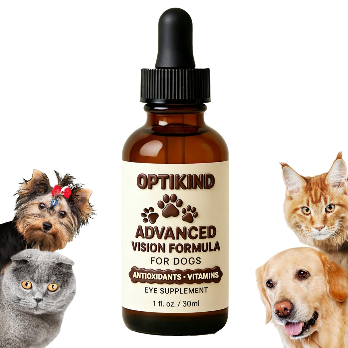 Ricadoo Optikind Vision Drops for Dogs, Optikind Vision Formula, with Lycopene, Zeaxanthin, Astaxanthin, Supports Vision and Overall Eye Health, Reduces Cloudiness, 30ml (1pcs)