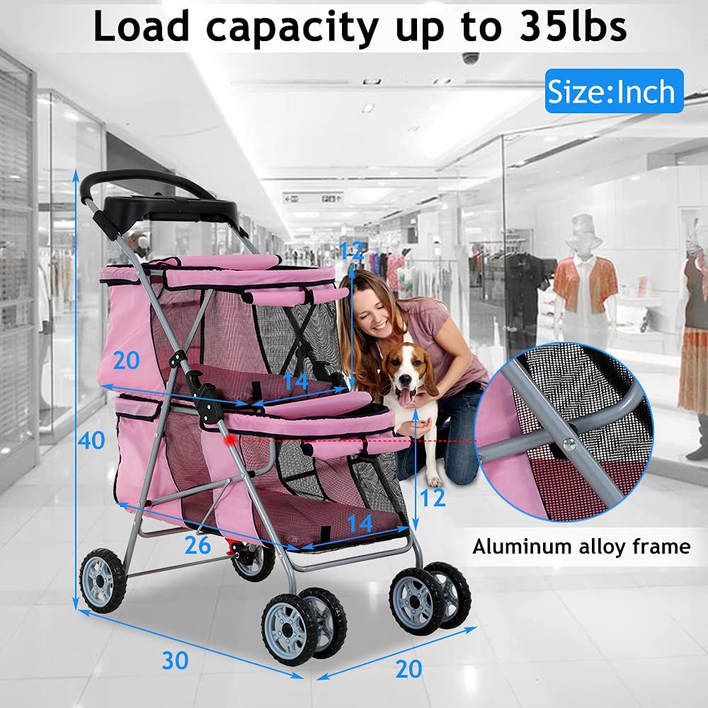 Dkeli 4 Wheel Pet Stroller for Small and Medium Dog Cats, Double Dog Stroller with Cup Holder, Folding Travel Cage for 2 Puppies or Two Kittens, Pink