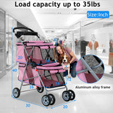 Dkeli 4 Wheel Pet Stroller for Small and Medium Dog Cats, Double Dog Stroller with Cup Holder, Folding Travel Cage for 2 Puppies or Two Kittens, Pink