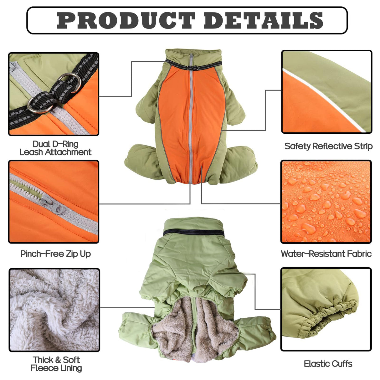 Toasty Warm 4-Legged Dog Snowsuit with Leash Ring, Reflective Zip Up Dog Winter Coat, Windproof Fleece Lining Dog Jumpsuit Jacket, LightGreen,12
