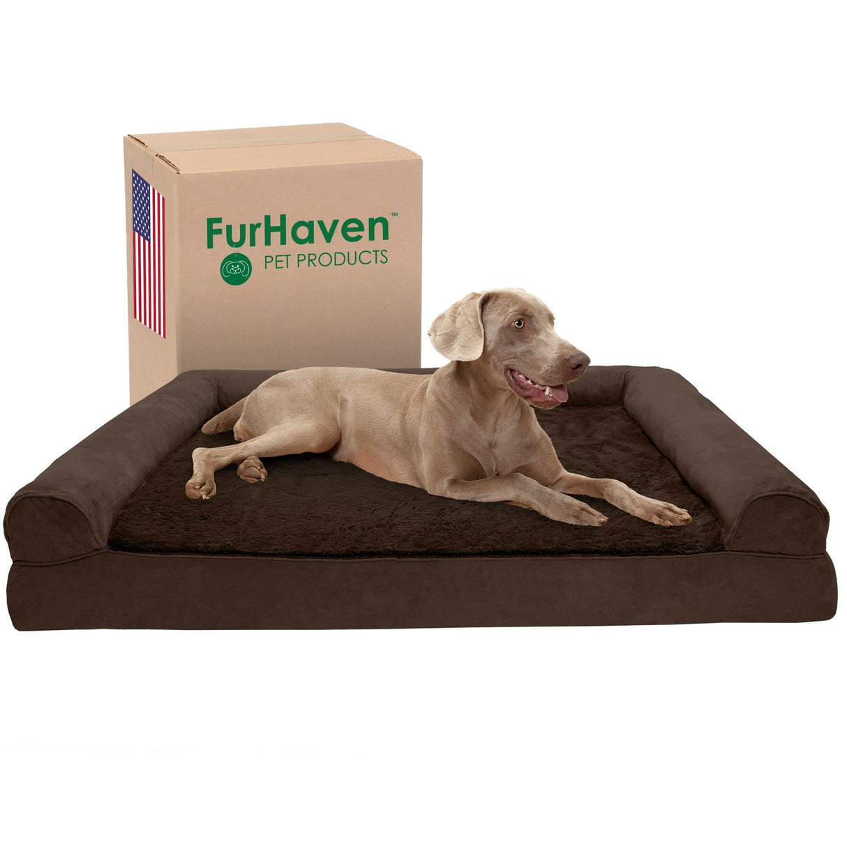 Furhaven Cooling Gel Dog Bed for Large Dogs w/ Removable Bolsters & Washable Cover, For Dogs Up to 125 lbs - Plush & Suede Sofa - Espresso, Jumbo Plus/XXL