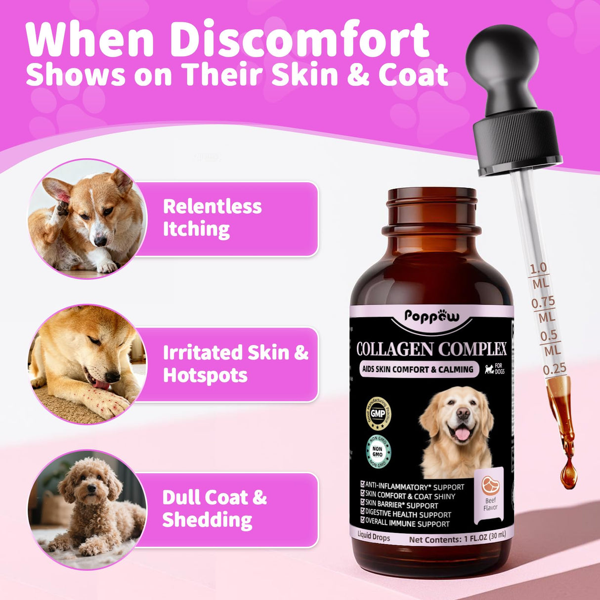 POPPAW Liquid Collagen for Dogs Skin Comfort & Calming, Dog Itch Relief & Anti-Scratching & Coat Supplement with Biotin for Skin Barrier & Sensitive Immune Health Support - Chicken Flavor, 2 FL.Oz