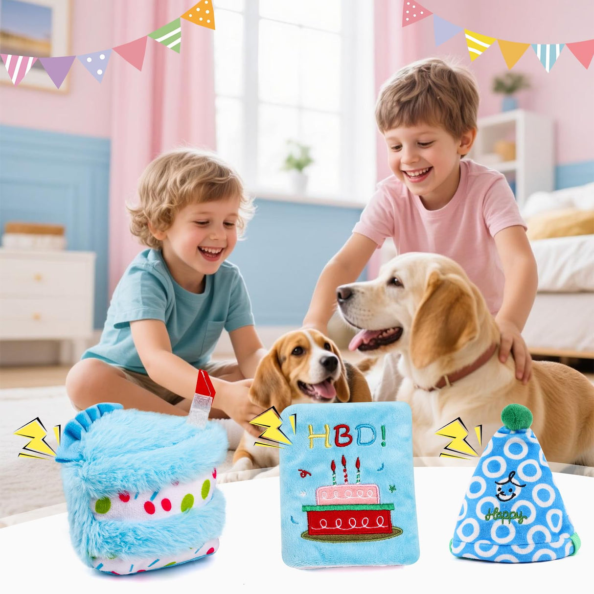 ADABOO 3PCS Dog Birthday Toy Set Plush Dog Squeaky Toys with Birthday Cake & Hat, Snuffle Hide & Seek Greeting Card for Celebration (Blue)