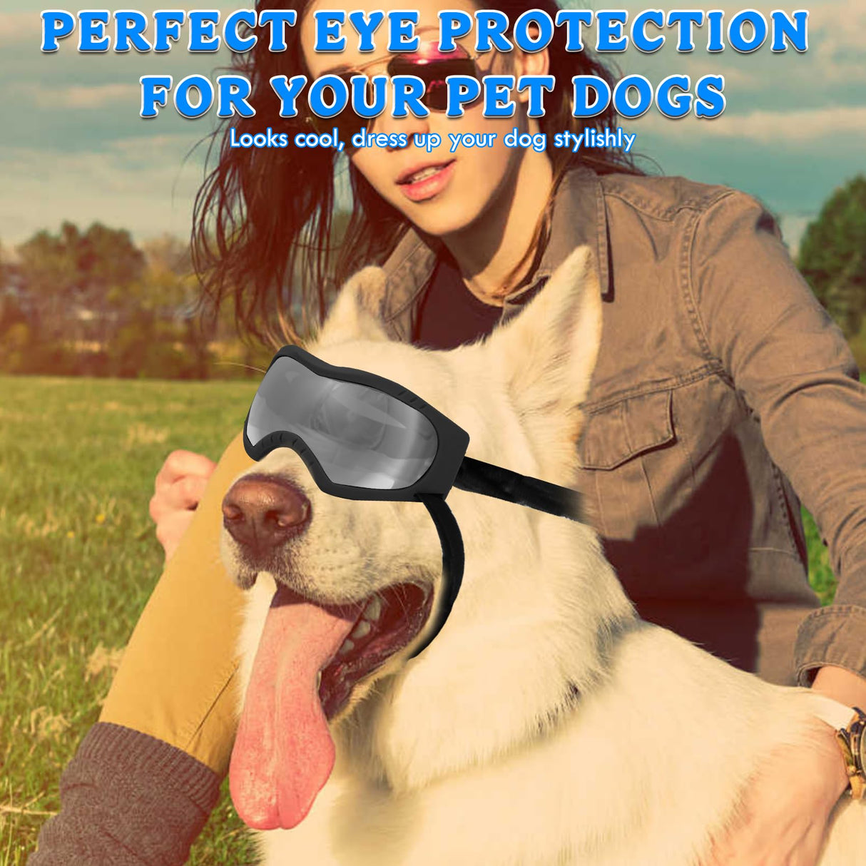 Dog Sunglasses Dog Goggles Pet Glasses Pet Eyewear with Adjustable Strap, Glasses for Medium Large Dog Swimming Skating Glasses UV Proof Windproof Dustproof (Black Frame + Gray Lens)