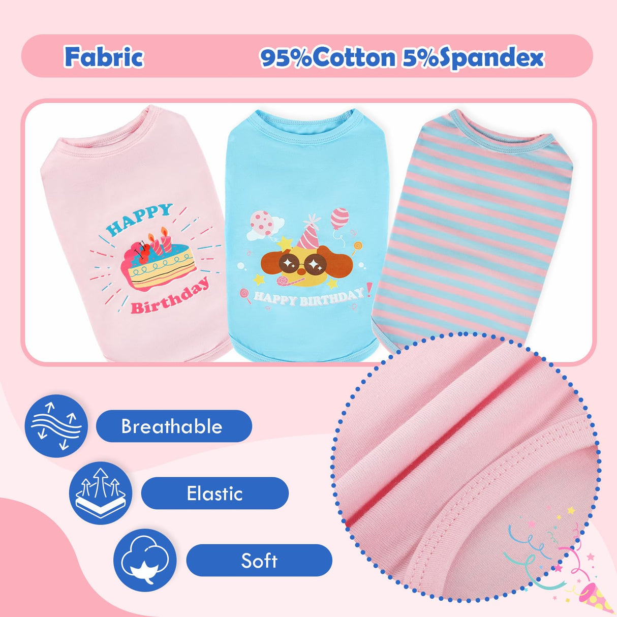 3 Pack Birthday Dog Shirts for Small Dogs,Print T-Shirt,Lightweight Sleeveless Vest,Soft Breathable & Lightweight for Daily Wear,Festival Party Funny Outfits (Pink & Blue,S)