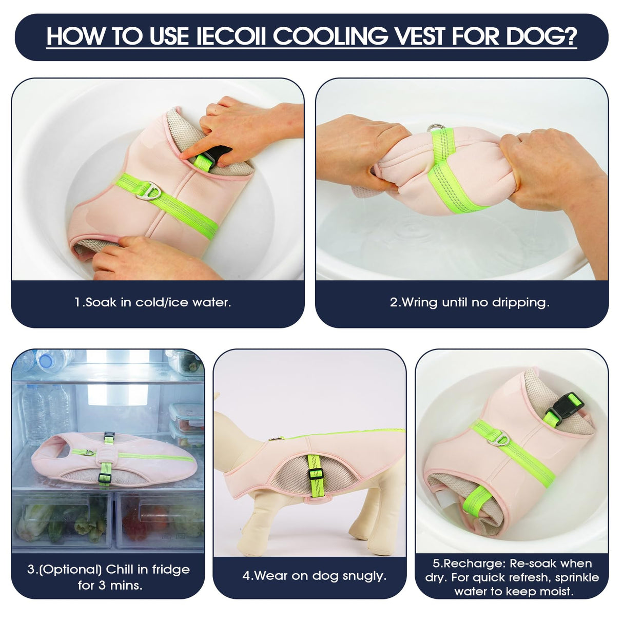 IECOii Dog Cooling Vest for Summer, Lightweight Breathable Dogs Cooler Shirt with Leash Ring, Adjustable Cool Jacket Reflective Pet Cooling Harness for Outdoor Walking, Hiking, Beach, Pink, Size M