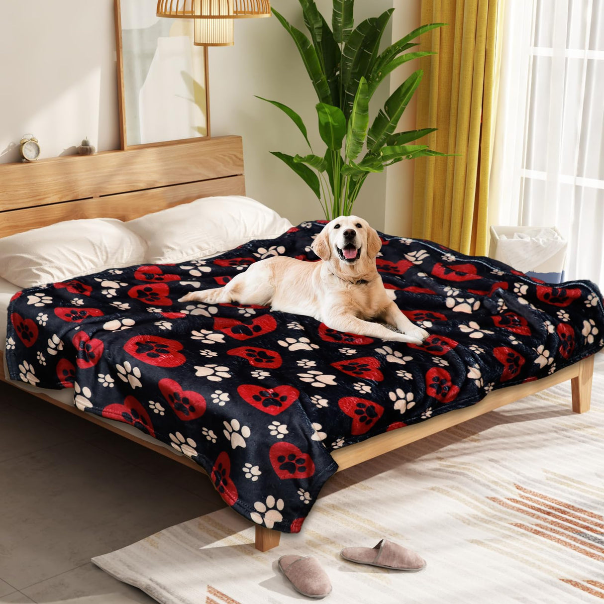 Gowyeg Dog Blankets for Large Dogs, 80"x60" Blanket Washable, Fuzzy Soft Pet Mat Throw Cover for Kennel Crate Bed, Cute Paw Pattern, Cat Blanket, Gifts Medium Small Pet Essentials, Black Red