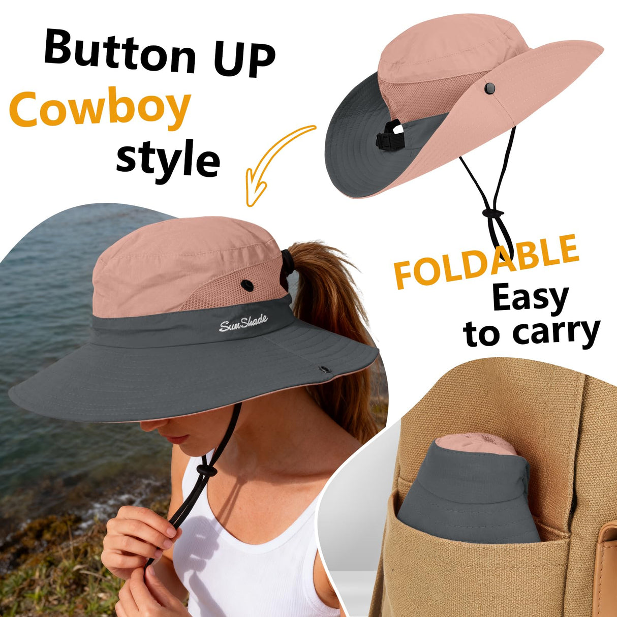 ZOORON 1 Pack Women's Ponytail Safari Sun Hat,Wide Brim UV Protection Outdoor Bucket Hat,Foldable Beach Summer Fishing Hat