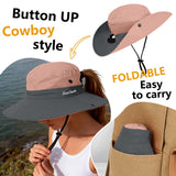ZOORON 1 Pack Women's Ponytail Safari Sun Hat,Wide Brim UV Protection Outdoor Bucket Hat,Foldable Beach Summer Fishing Hat