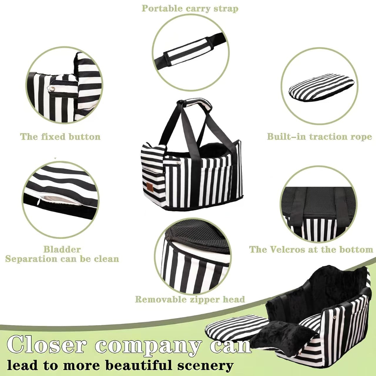 Cullaby Dog Car Seat for Small Dogs Under 15 lbs – Center Console Pet Carrier with Safety Belt, Storage Pockets, Removable Washable Cover – B&W Stripes, Secure & Comfortable for Small Puppies/Cats