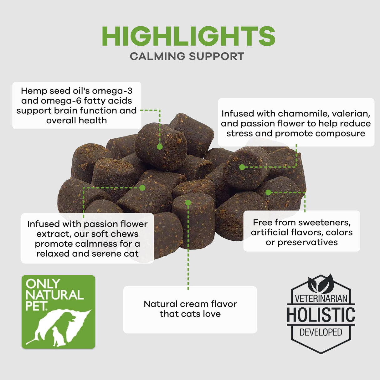 Only Natural Pet Calming Hemp Soft Chews - Relaxation Composure Sedative Tranquilizer Treats for Cat Stress Reduction w/Soothing Botanicals Supports Sleep Aid Quiet Travel Chill Vet Visit - 60 Count