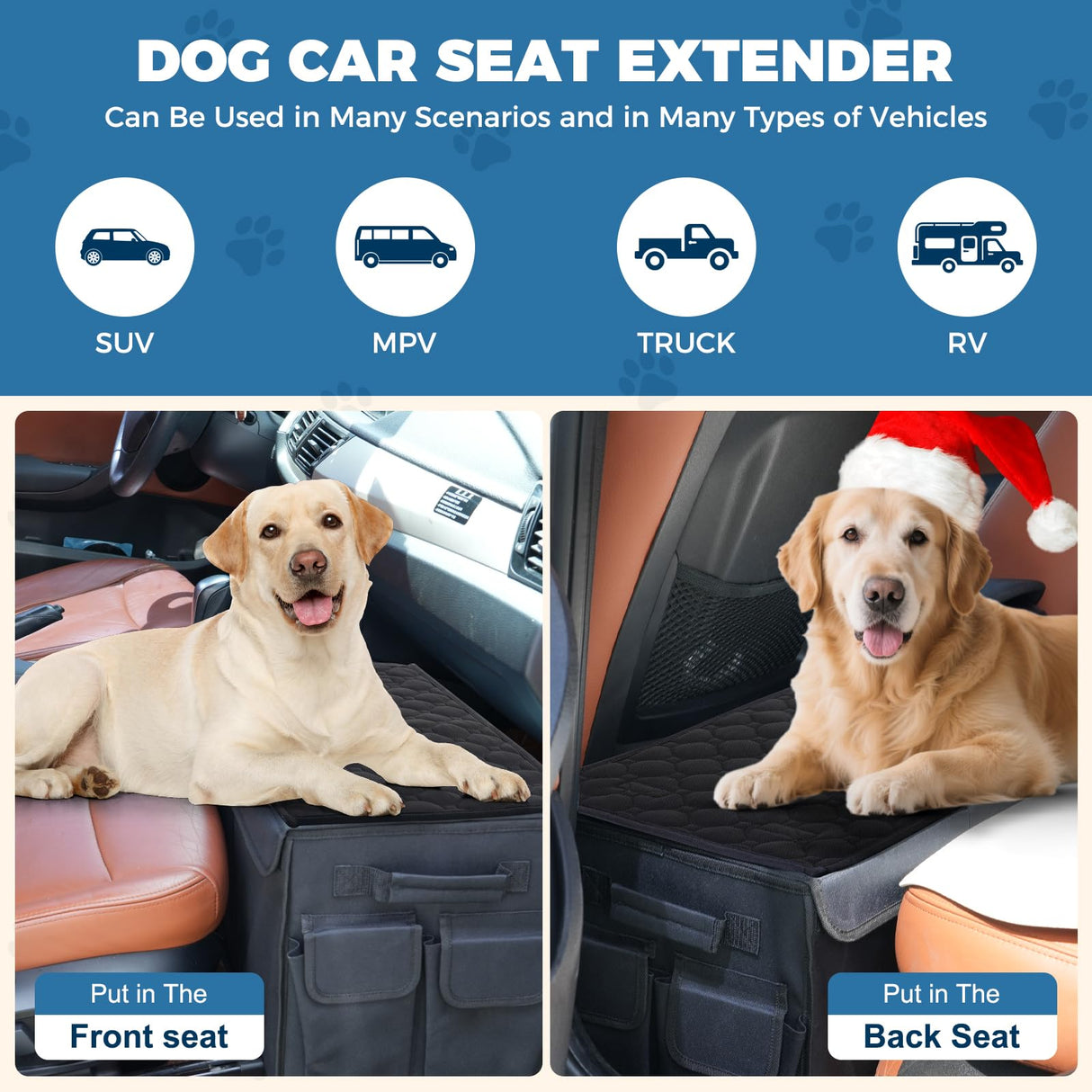 Back Front Seat Extender for Large Dogs Up to 200 Lbs, Adjustable Dog Back Seat Extender with Cushion & Storage Box, Car Organizer Gap Filler for Front or Back Seat