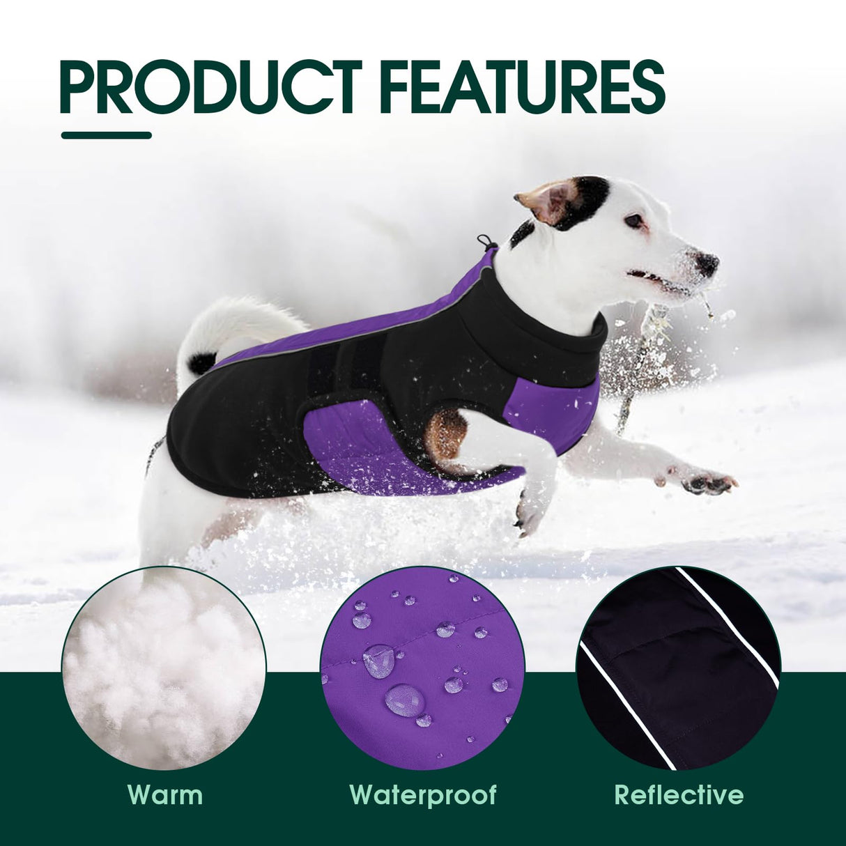 Kuoser Dog Jacket, Dog Coats for Large Dogs Winter Waterproof, Reflective Doggie Vest with Leash Hole, Cold Weather Coats Pet Snow Jacket for Labrador Beagle, Purple XL