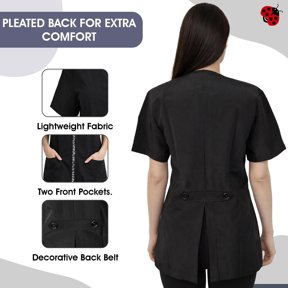Ladybird Line 650 V Neck Adjustable Rhinestone Zipper Pet Grooming & Styling Jacket, Pleated Back Detail, 2 Front Pockets, Water Resistant, Bleach Hair Resistant Smock Pet Groomers Hair Stylists - XS