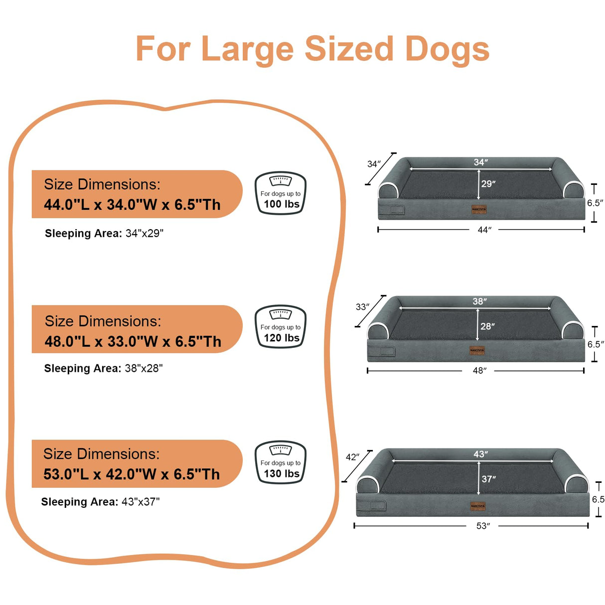 Large Dog Bed Orthopedic Washable: Jumbo Dog Bed Bolster Extra Large Dogs Egg Crate Foam Sofa Couch Waterproof Removable Cover - Dark Grey