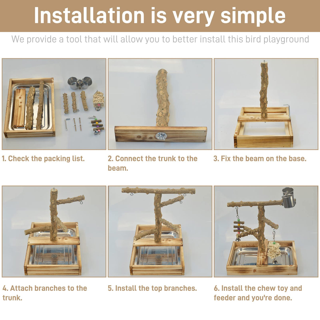 LIMIO Natural Wood Bird Toys Playground, Bird Cage Accessories, Bird Perches, with Removable Tray and 2 Stainless Steel Cups