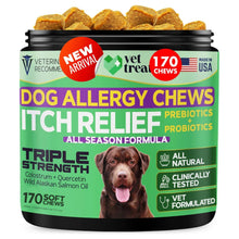Load image into Gallery viewer, Vet Treat Dog Allergy Relief Chews - 170 Dog Allergy Chews - Itch Relief for Dogs - Anti Itch for Dogs - Dry &amp; Itchy Skin - Allergies &amp; Immune Support Supplement, Omega 3 Fish Oil, Colostrum - USA
